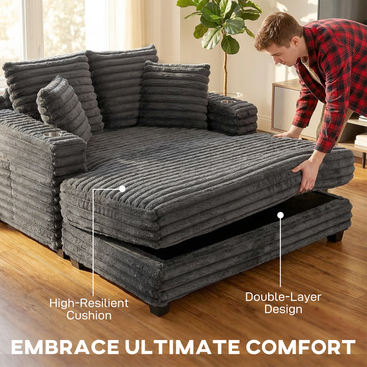 Sofá cama de gran confort con soporte para bebidas y cojines