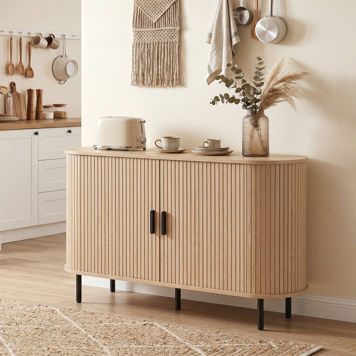 Fluted Sideboard Buffet Cabinet with Sliding Doors Adjustable Shelves