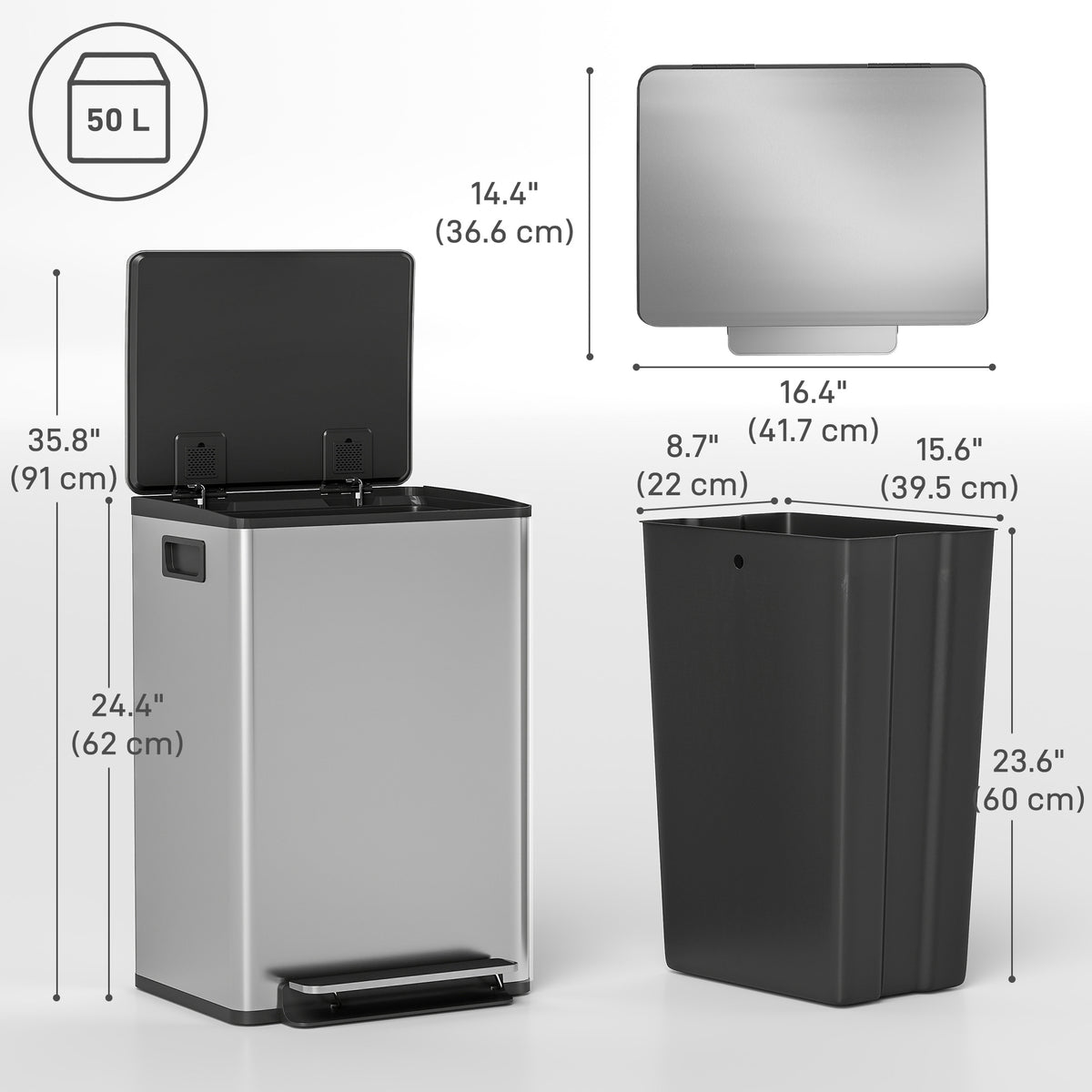 Papelera de cocina de acero inoxidable con cierre suave de 50 L