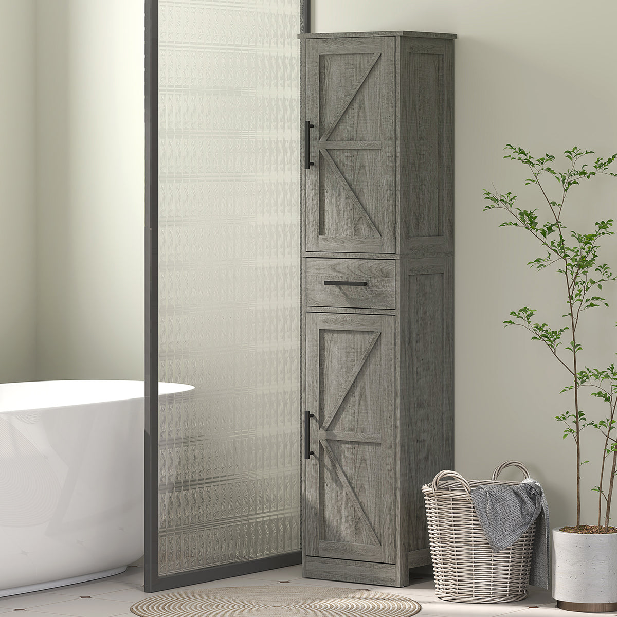 Tall Bathroom Cabinet Barn Doors Drawer Adjustable Shelves