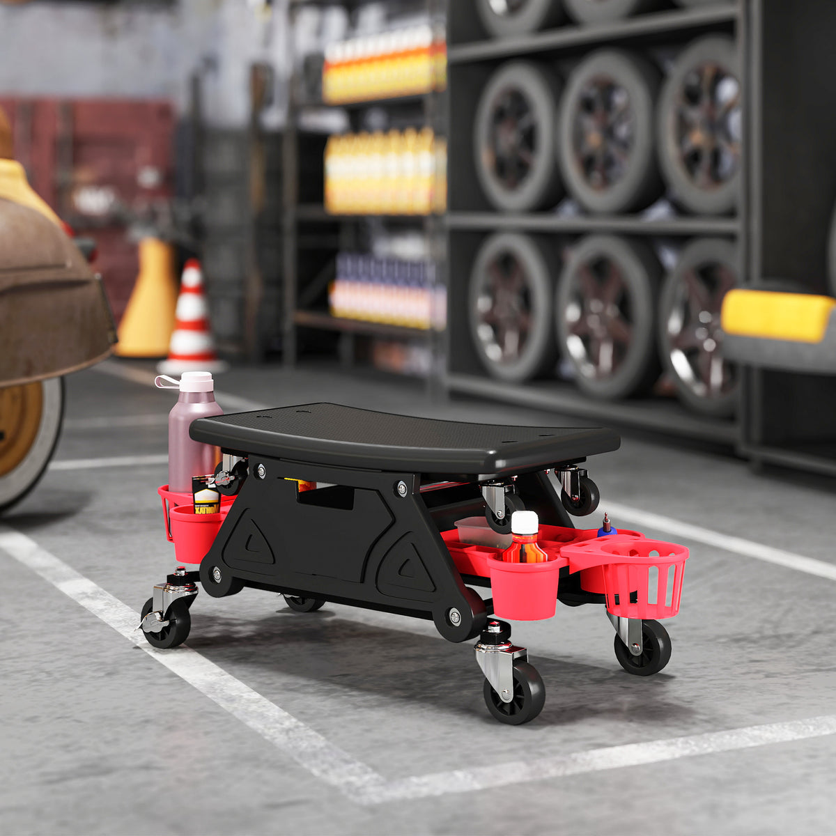 Rolling garage stool with wheels and tool trays