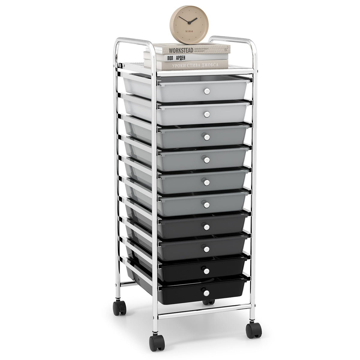 Chrome Steel Rolling Storage Cart with 10 Drawers