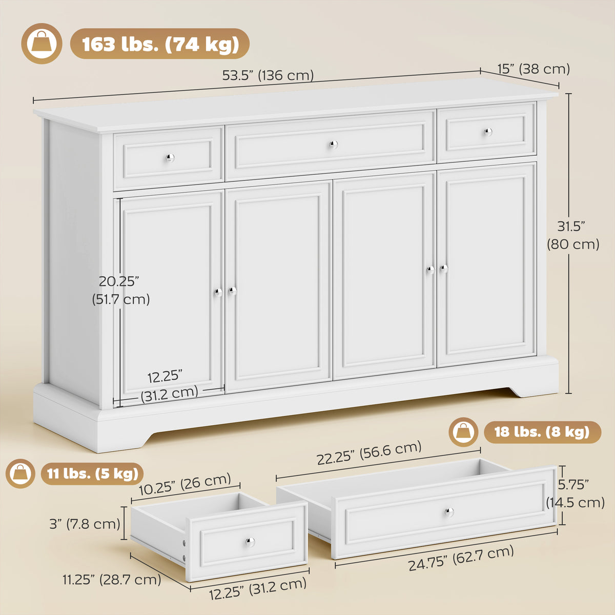 Sideboard Buffet Cabinet Soft-Close Doors 3 Drawers 54in