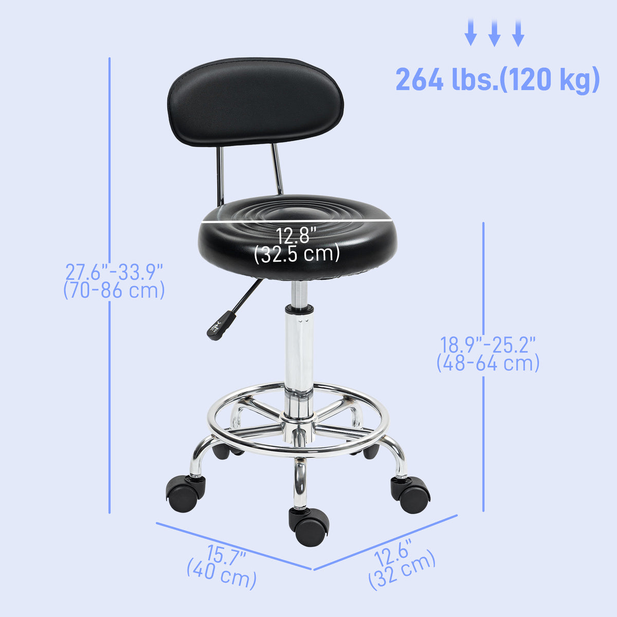 Tabouret à roulettes réglable avec dossier et pivot 360 — photo 2