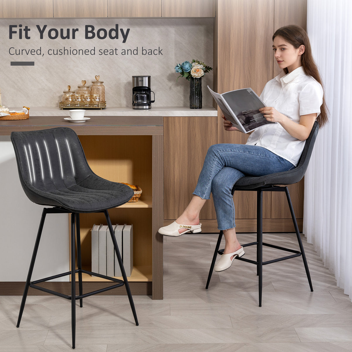 Set of 2 Counter Height Barstools PU Leather