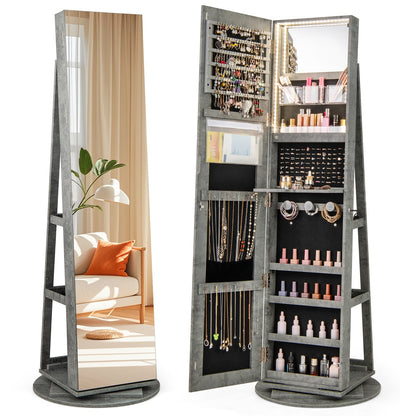 360° Rotating Mirrored Jewelry Armoire with 3-Color LED Lights