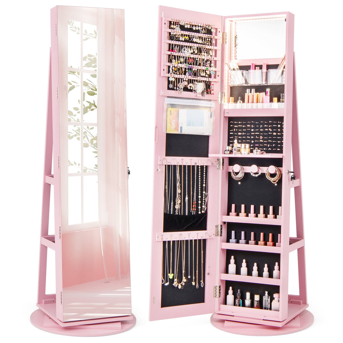 360° Rotating Mirrored Jewelry Armoire with 3-Color LED Lights