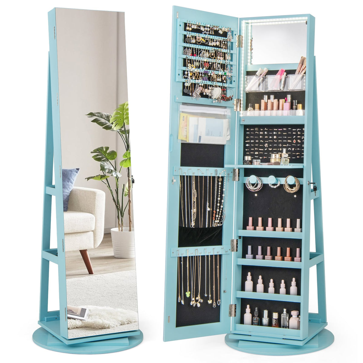 360° Rotating Mirrored Jewelry Armoire with 3-Color LED Lights