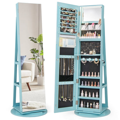 360° Rotating Mirrored Jewelry Armoire with 3-Color LED Lights