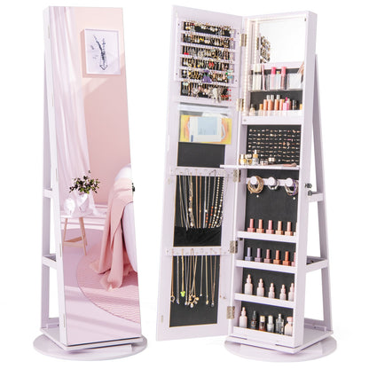 360° Rotating Mirrored Jewelry Armoire with 3-Color LED Lights