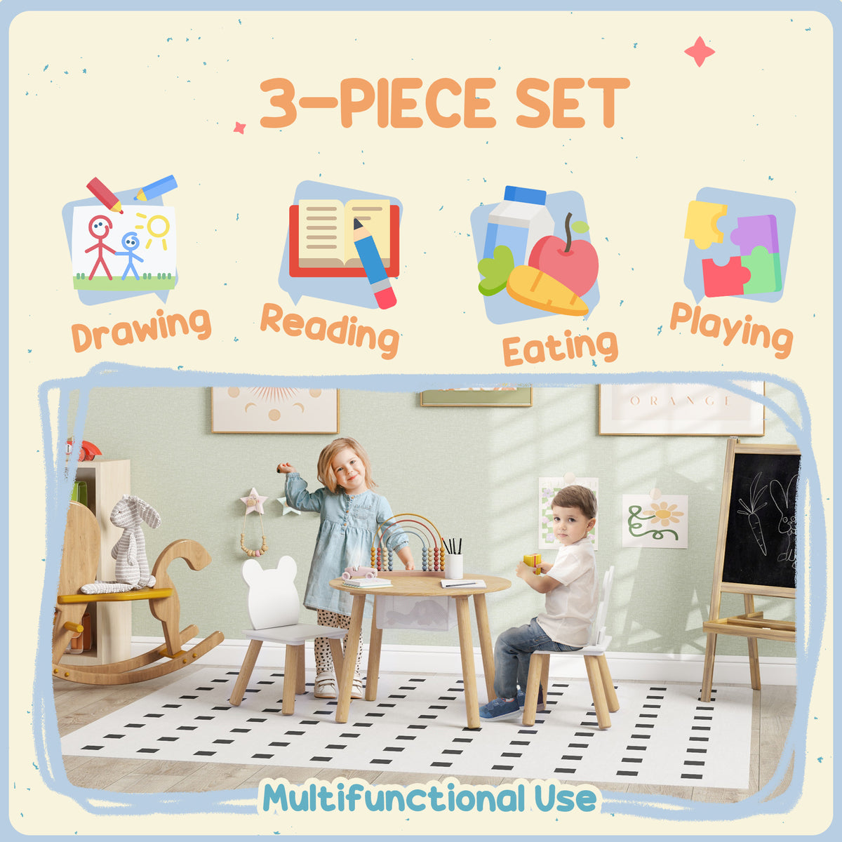 Kids table and chairs set with bear motifs — Set of 3