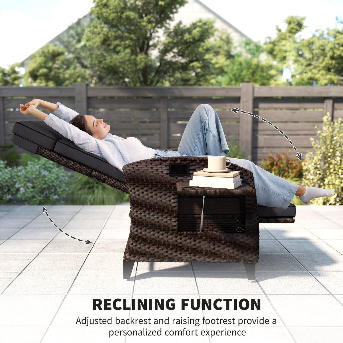 Reclining Wicker Lounge Chair with Adjustable Backrest