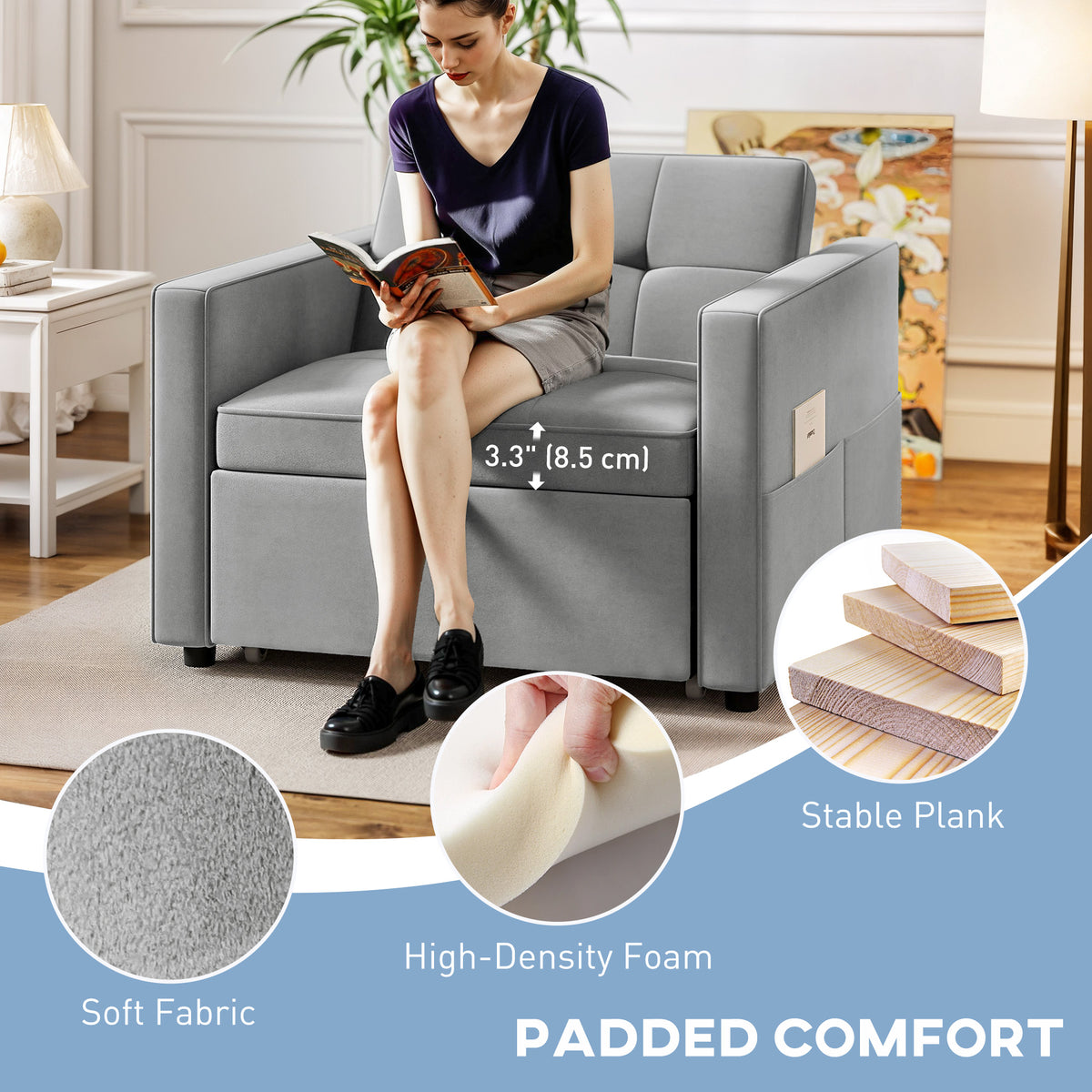 Convertible Velvet Chair Bed with USB Charging