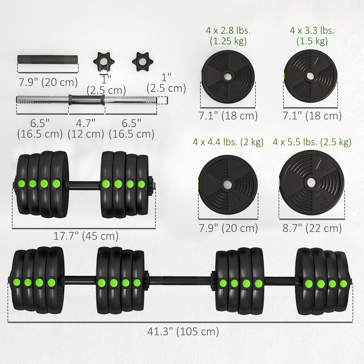 2-in-1 Adjustable Barbell & Dumbbell Set 66 lbs