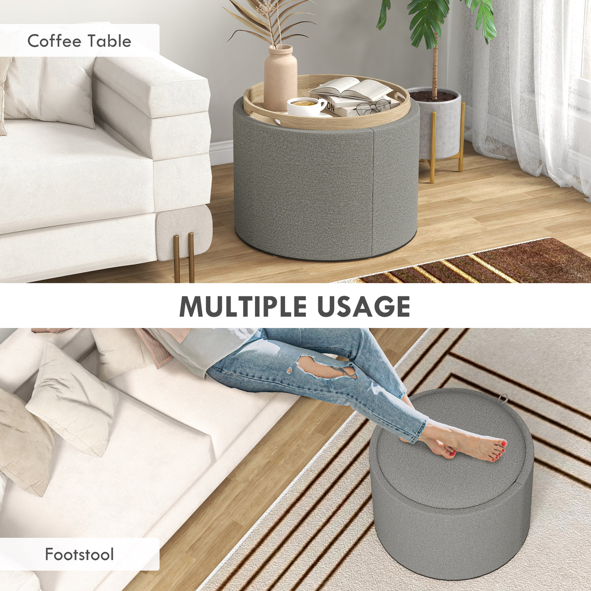 Round Coffee Table with Hidden Storage and Tray Top