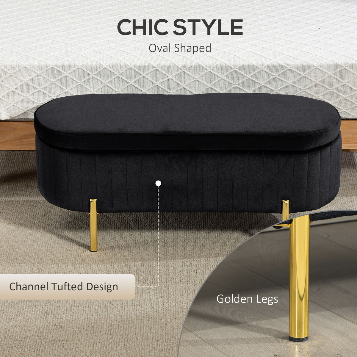 Channel Tufted Storage Bench with Golden Legs