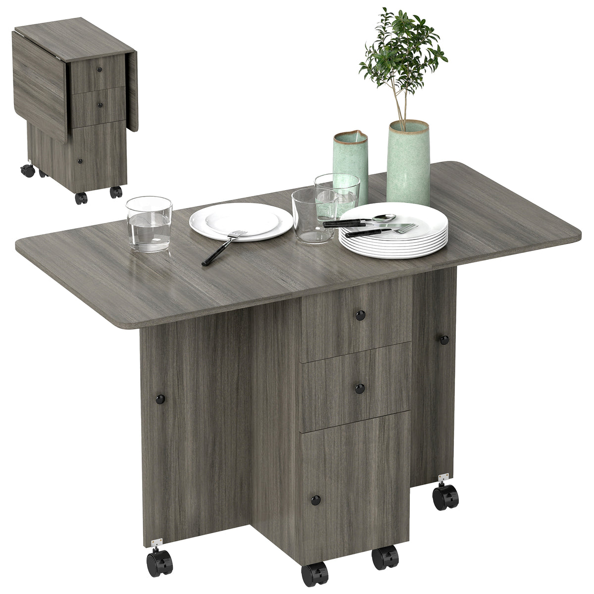 Mesa de comedor plegable y abatible con almacenamiento y ruedas