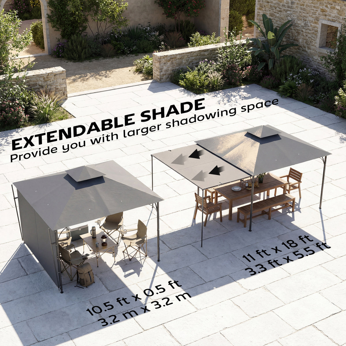 Patio Gazebo Double Roof with Extendable Shade Canopy