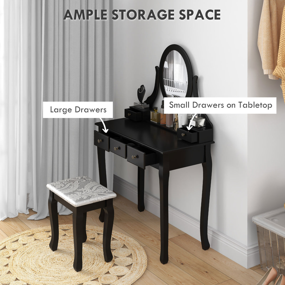 Vanity desk with stool rotating mirror 360° 5 drawers