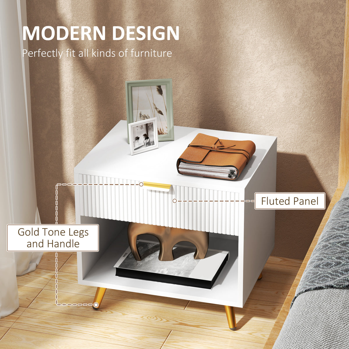 Nightstand Fluted Panel with Drawer and Open Shelf