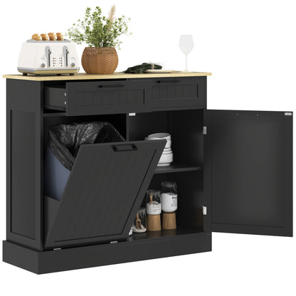 Tilt-out hidden trash can cabinet with drawers
