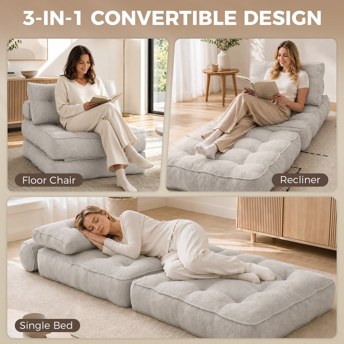 3-in-1 Convertible Chair Bed with Thick Cushions