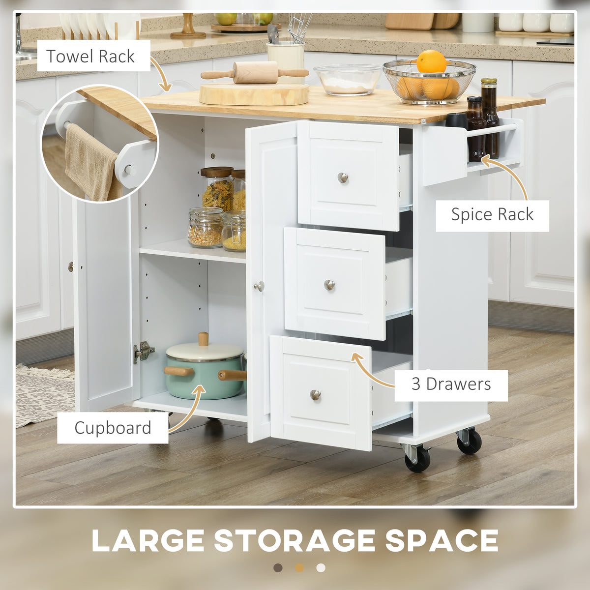 Kitchen Island on Wheels with Drop Leaf and Drawers