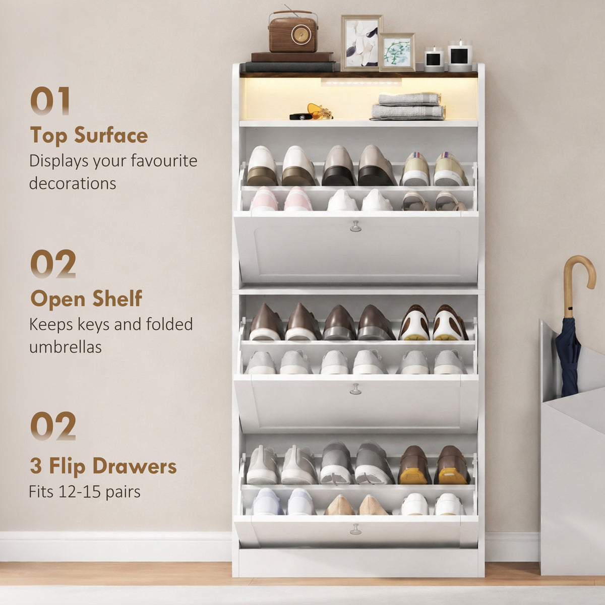 Slim shoe cabinet with 3 flip drawers and sensor light