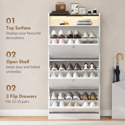 Slim shoe cabinet with 3 flip drawers and sensor light