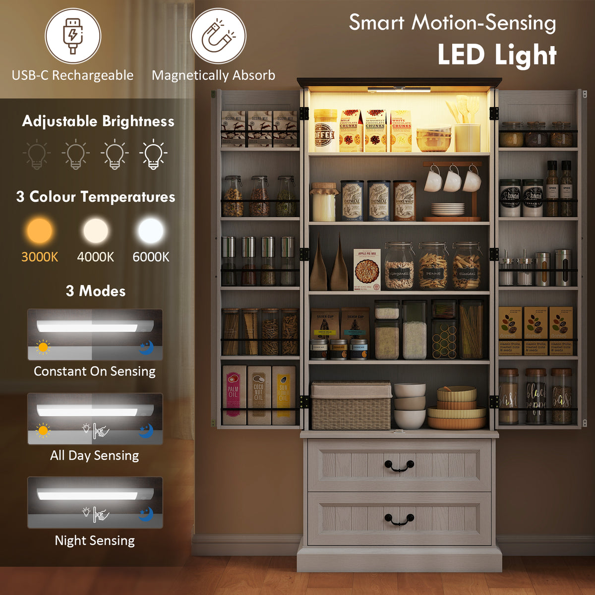 Aparador de cocina con luz LED con sensor