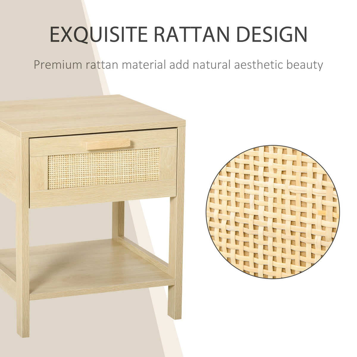 Narrow Nightstand with Drawer and Rattan Elements