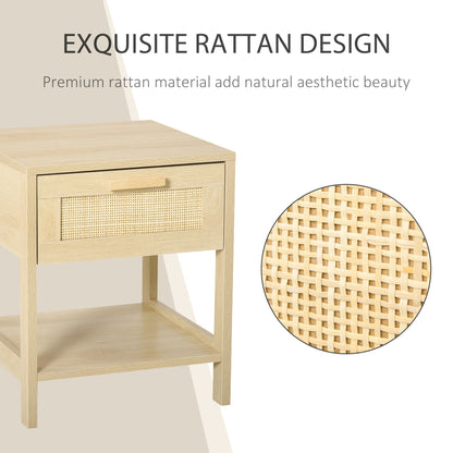 Narrow Nightstand with Drawer and Rattan Elements