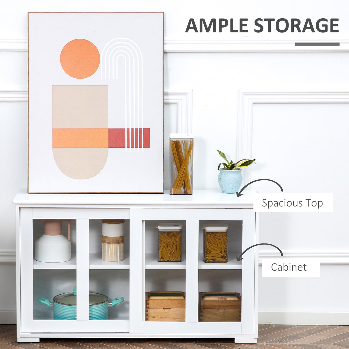 Aparador de cocina apilable con puertas correderas de cristal