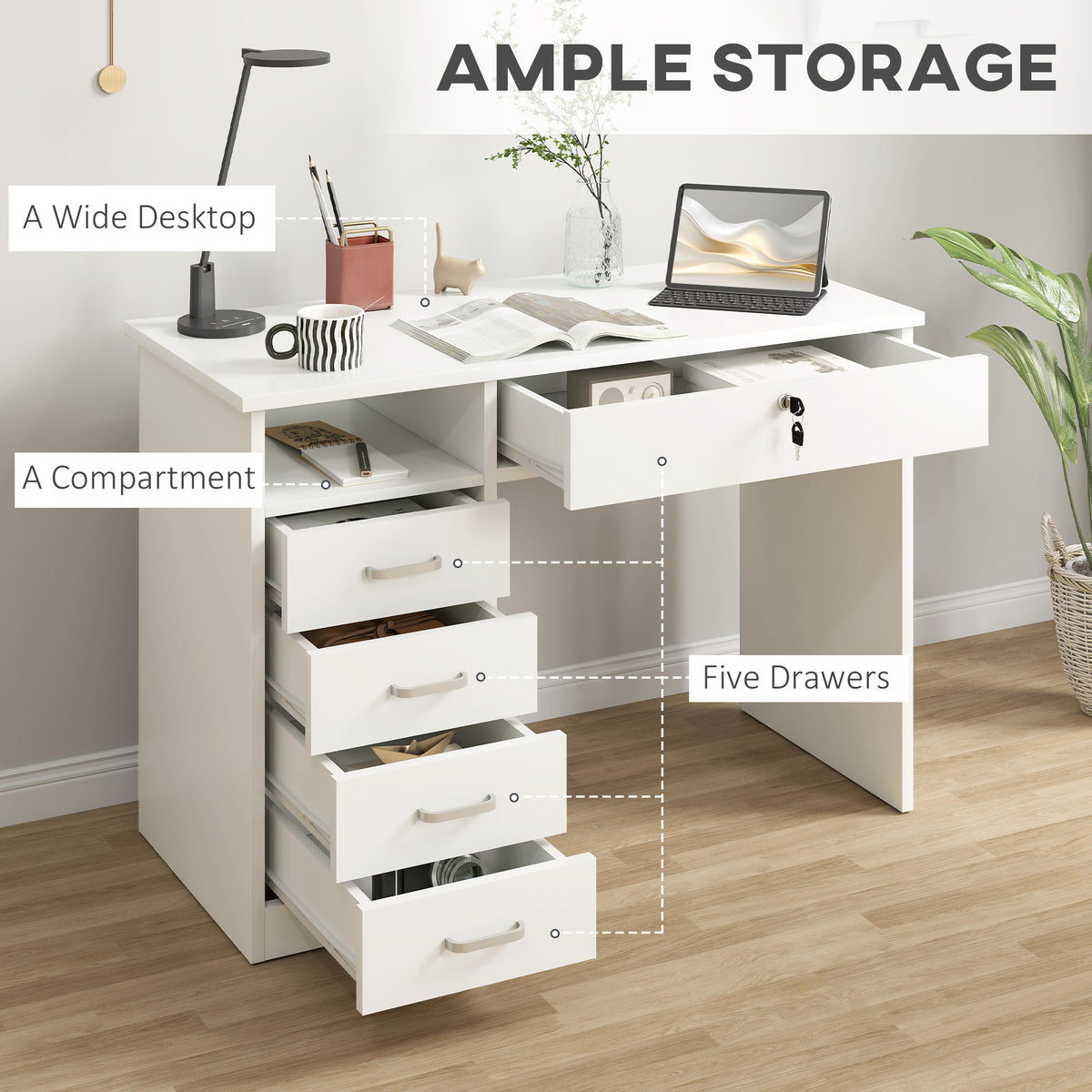 Computer Desk with Lockable Drawer and Storage