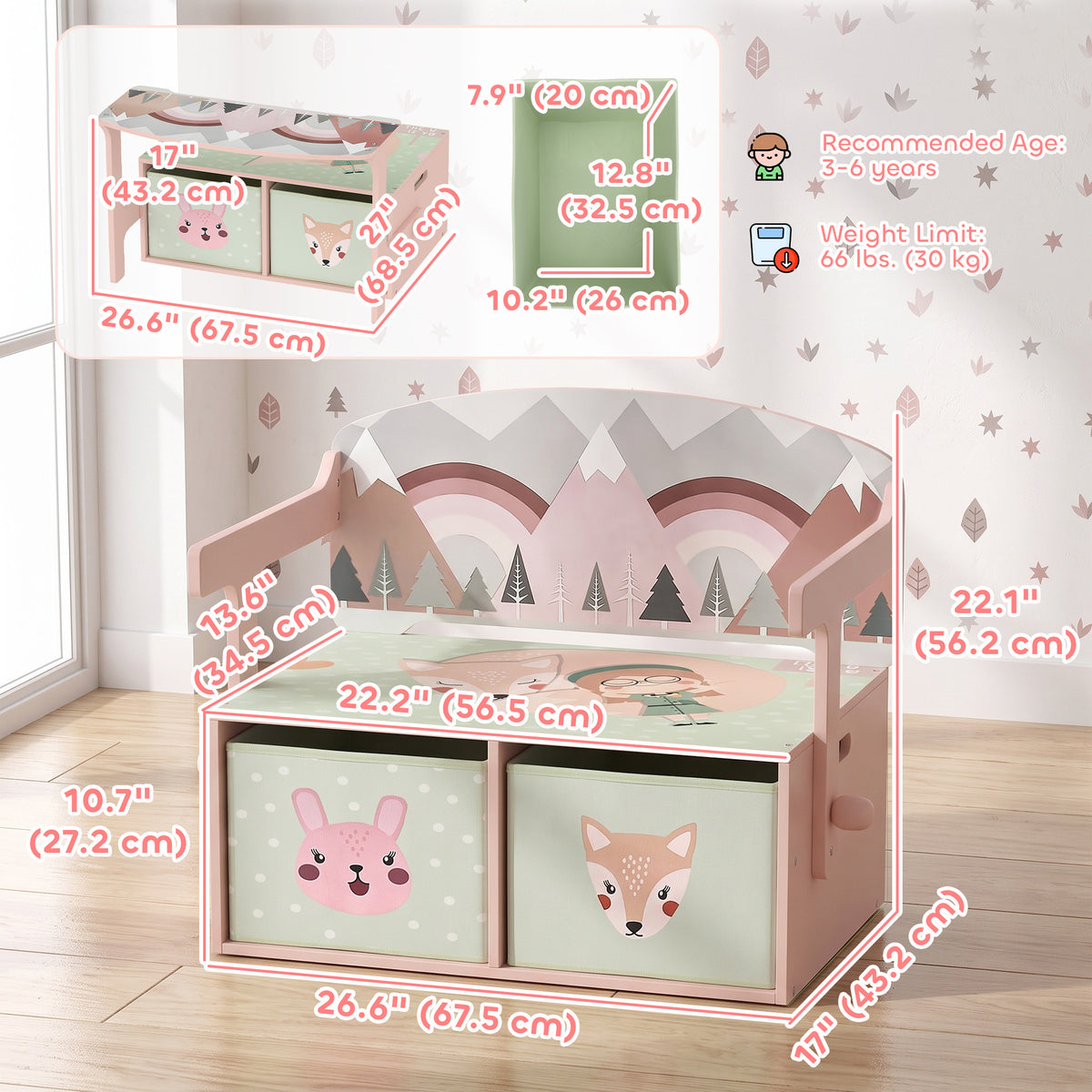 3-in-1 convertible wooden toy storage chest