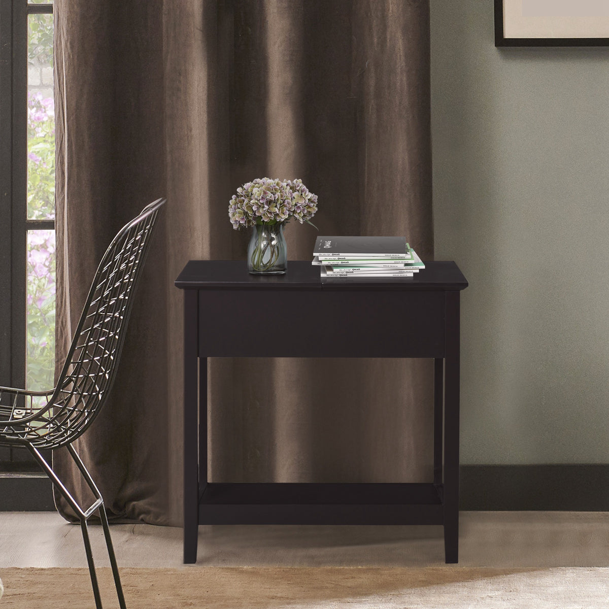 Flip top end side table with cabinet and shelf — Dark
