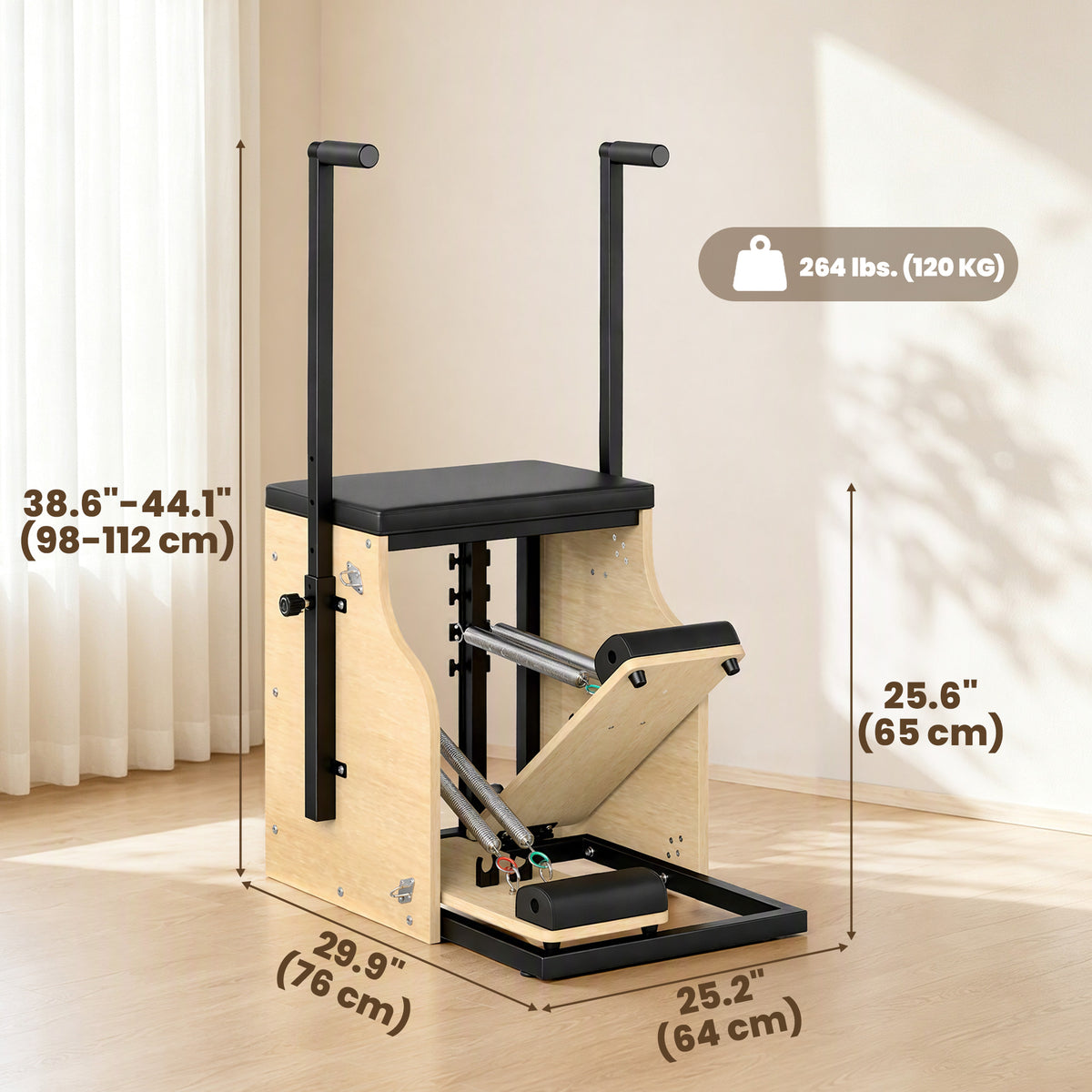 Silla de Pilates de madera con bandas de resistencia