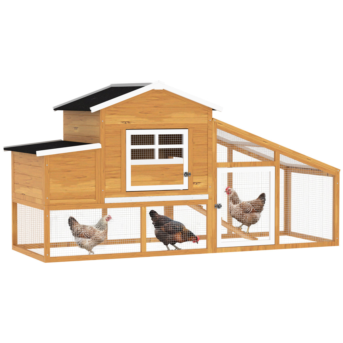 Wooden outdoor chicken coop with run and nesting box