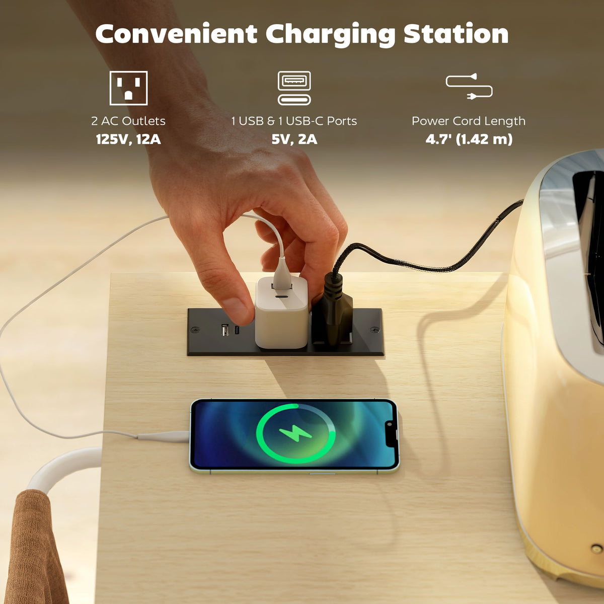 Kitchen island with charging station and drop leaf