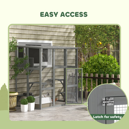 Multi-level outdoor cat enclosure with transparent roof