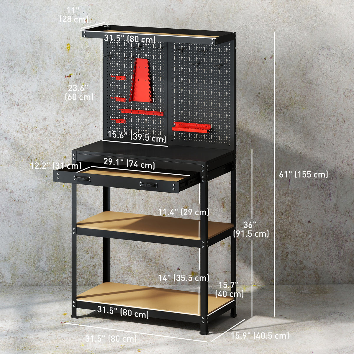 Heavy-duty steel workbench with pegboard and drawer