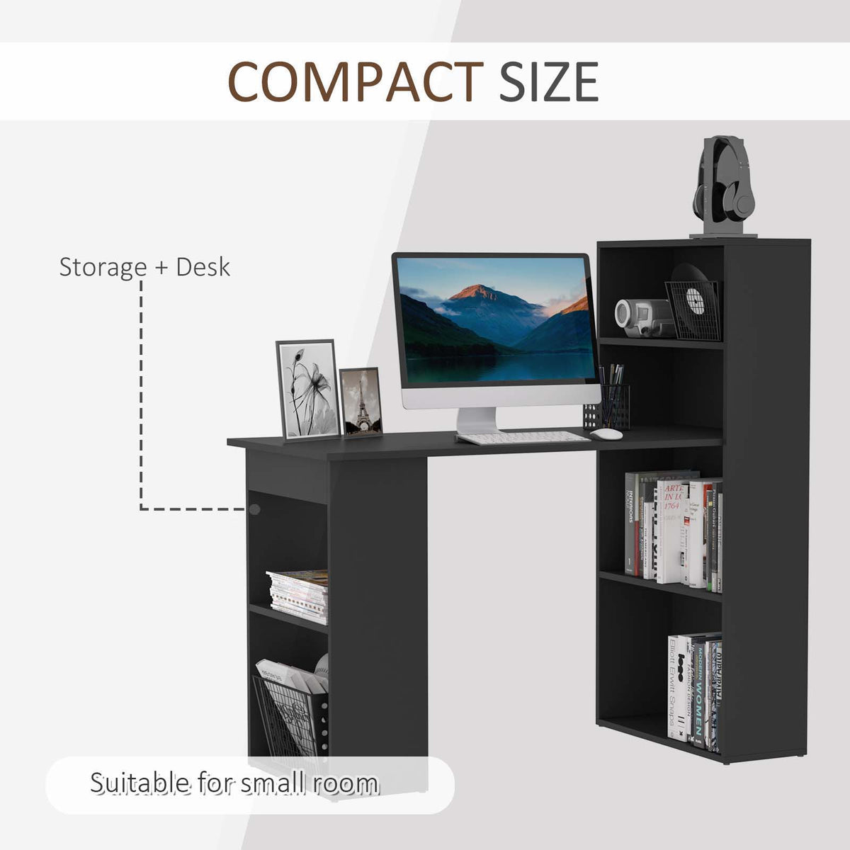 Computer Desk with Built-In Bookshelf 47 in
