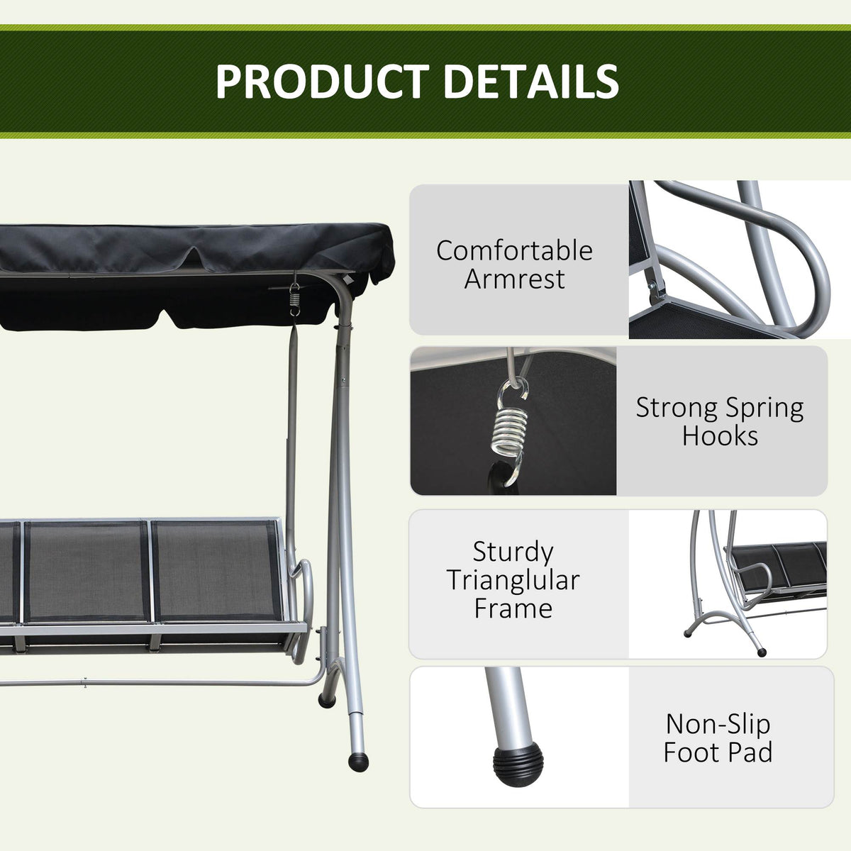 3-Person Patio Swing with Adjustable Canopy