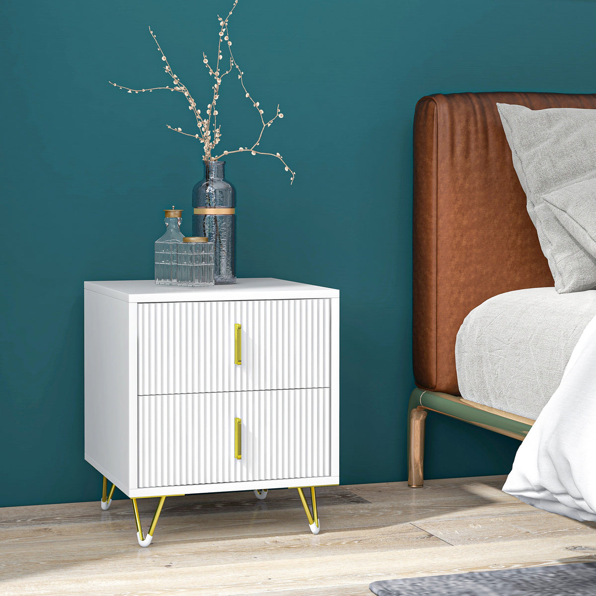 Modern Nightstand 2 Drawers with Golden Metal Legs