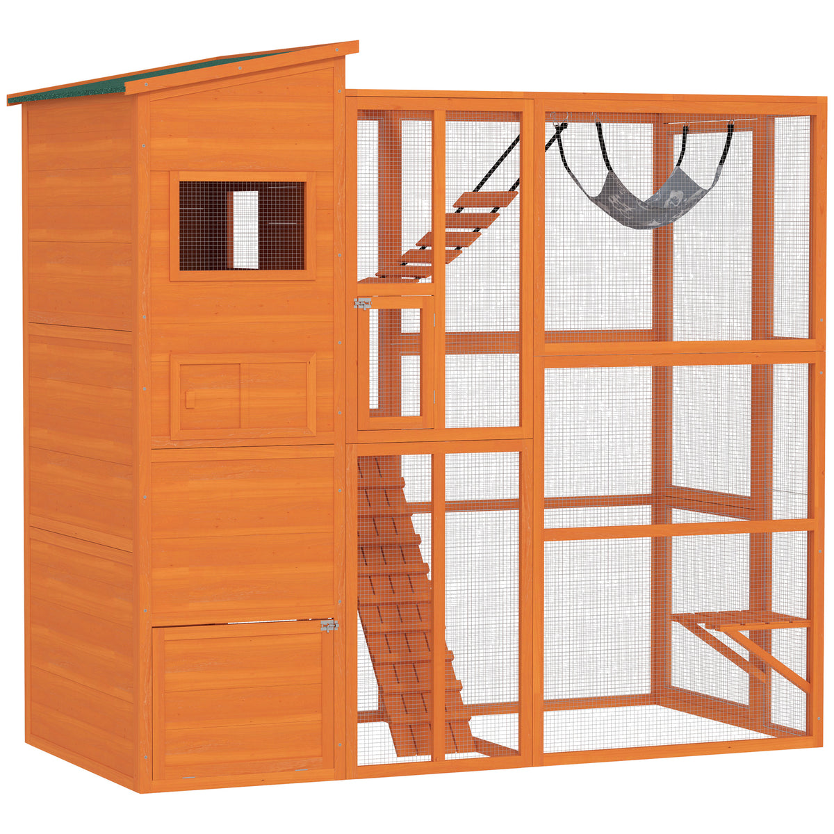 Outdoor wooden cat enclosure with condo and hammock