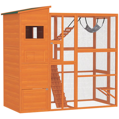 Outdoor wooden cat enclosure with condo and hammock