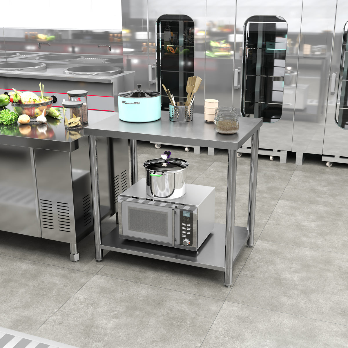 Heavy-duty stainless steel workbench with shelf
