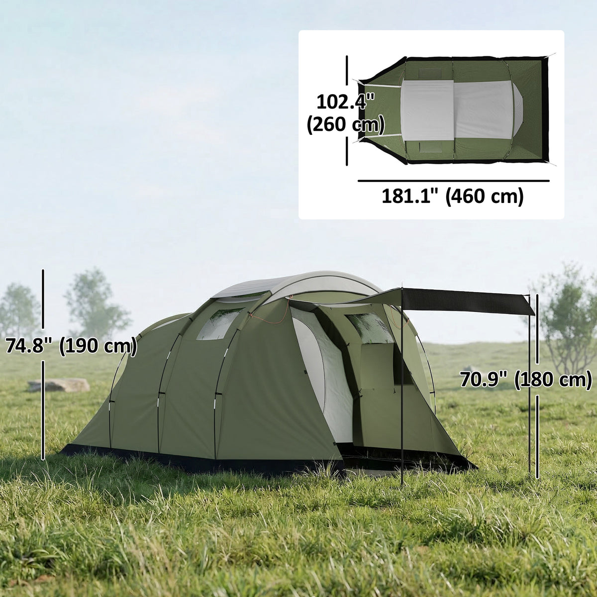 Two-Room Waterproof Tunnel Tent for 3-4 People