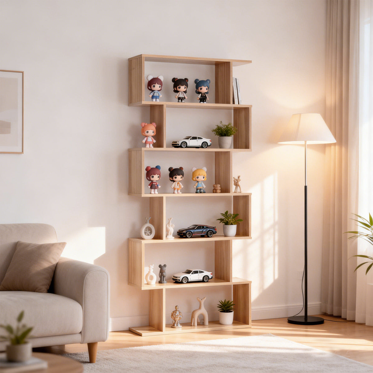 Modern 6-Tier Geometric Wooden Bookshelf