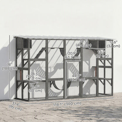 Large Outdoor Cat Enclosure with Condos and Platforms
